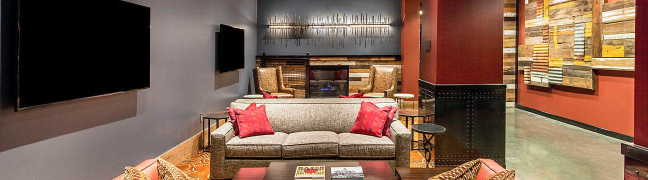 Modern Hotel Lounge With Red and Brown Accents