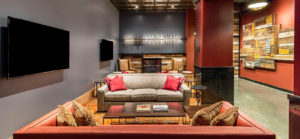 Modern Hotel Lounge With Red and Brown Accents
